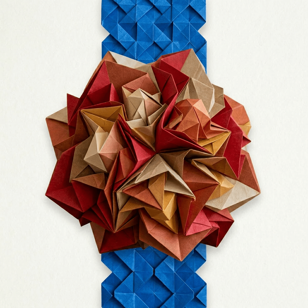 Multicolor origami kusudama sphere with complex folded triangular shapes in red, orange, and beige tones