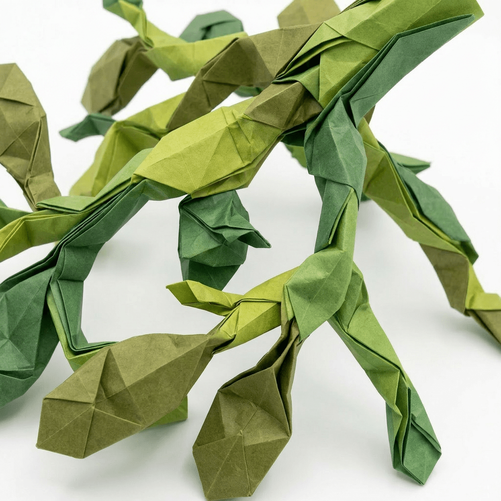 Origami sculpture of green leaves and stems folded from paper